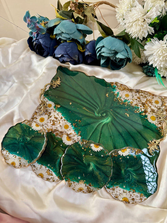 Elegant Green Resin Tray & Coaster Set