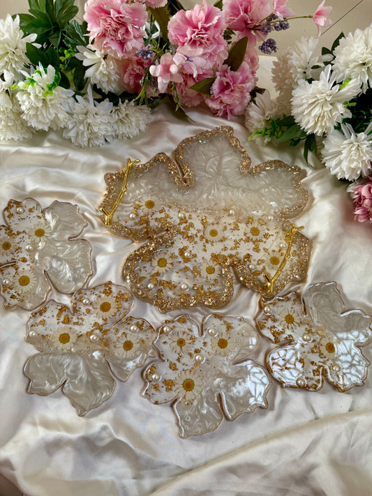 Elegant White Resin Tray & Coaster Set